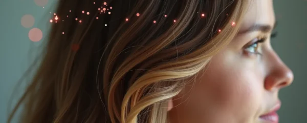 Illustration symbolique représentant la chute de cheveux hormonale avec un focus central sur une chevelure féminine en transition, mêlant des éléments visuels évoquant les hormones et le cycle menstruel