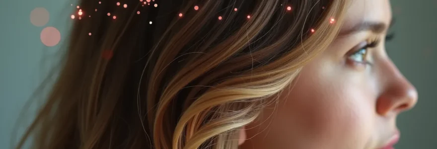 Illustration symbolique représentant la chute de cheveux hormonale avec un focus central sur une chevelure féminine en transition, mêlant des éléments visuels évoquant les hormones et le cycle menstruel