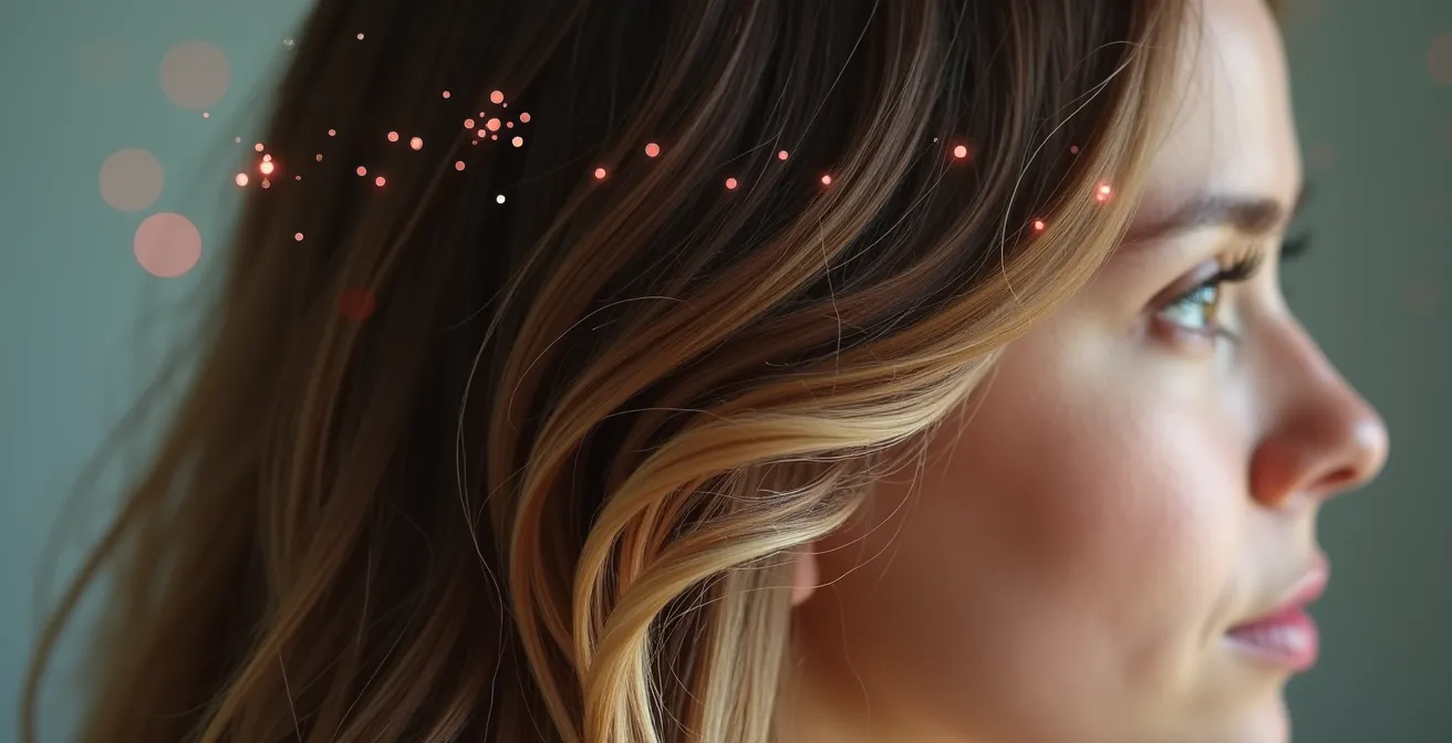 Illustration symbolique représentant la chute de cheveux hormonale avec un focus central sur une chevelure féminine en transition, mêlant des éléments visuels évoquant les hormones et le cycle menstruel