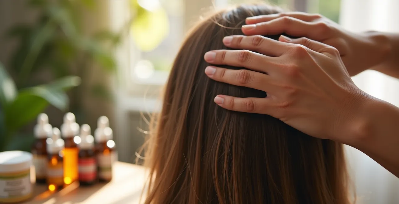 Photographie réaliste d'une personne recevant un massage du cuir chevelu combiné avec des compléments alimentaires visibles à côté