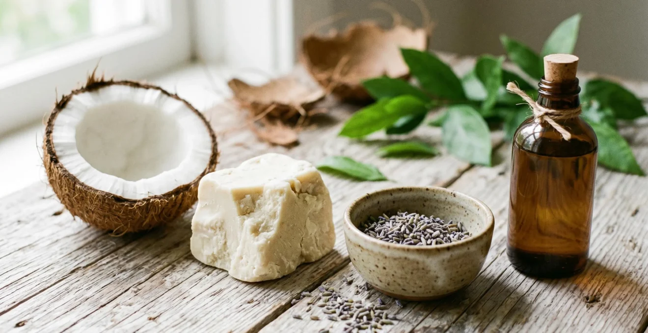 Ingrédients cosmétiques naturels bruts disposés sur bois : noix de coco fraîche, beurre de karité, lavande séchée et huile d'amande douce en flacon verre