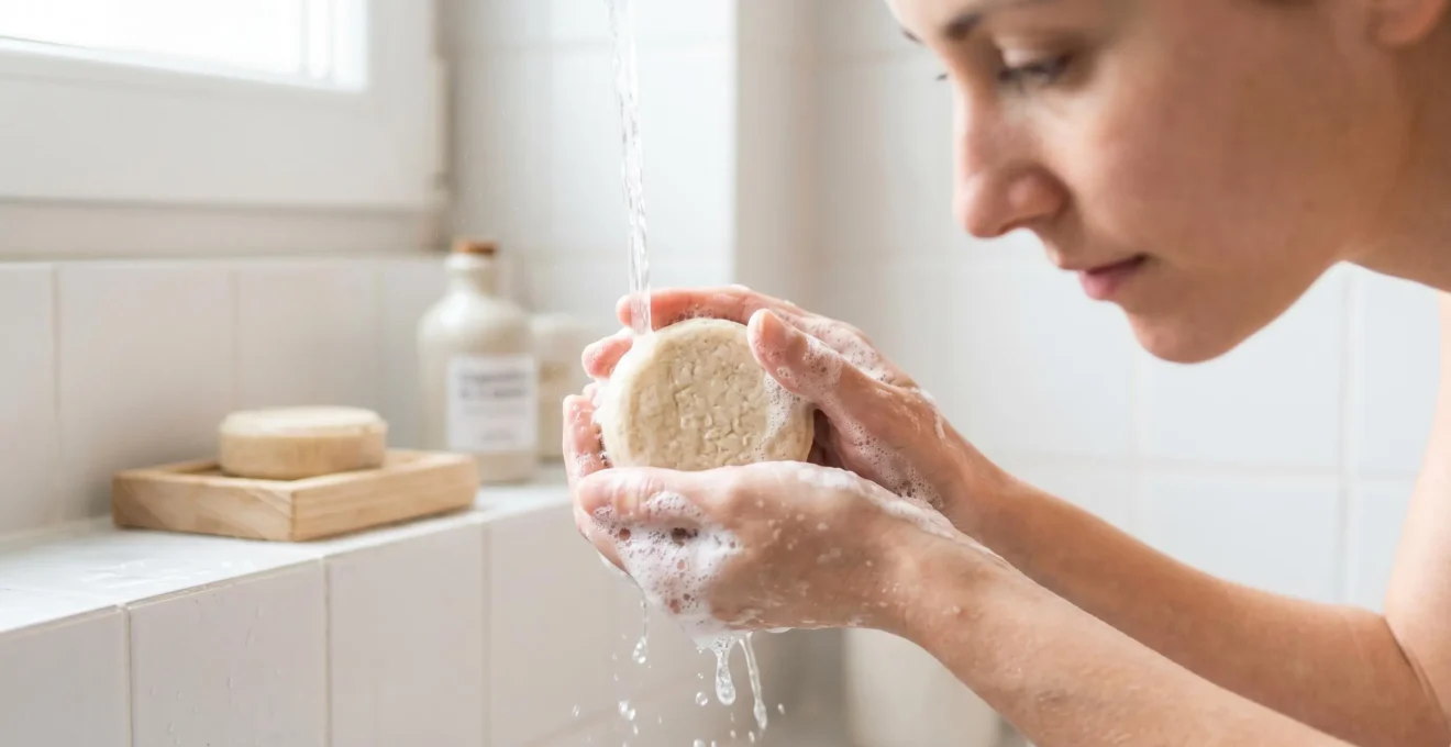 Mains moussant un savon solide artisanal rond sous eau courante dans salle de bain contemporaine, mousse naturelle abondante visible