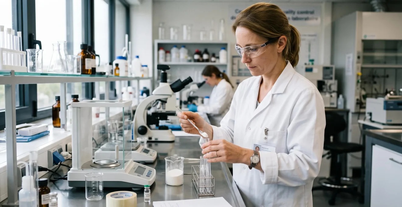 Laboratory technician analyzing collagen powder sample in a quality control laboratory.