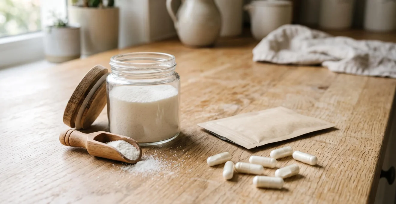 Close-up of different collagen supplement forms including powder in jar, capsules, and sachet on a wooden surface.
