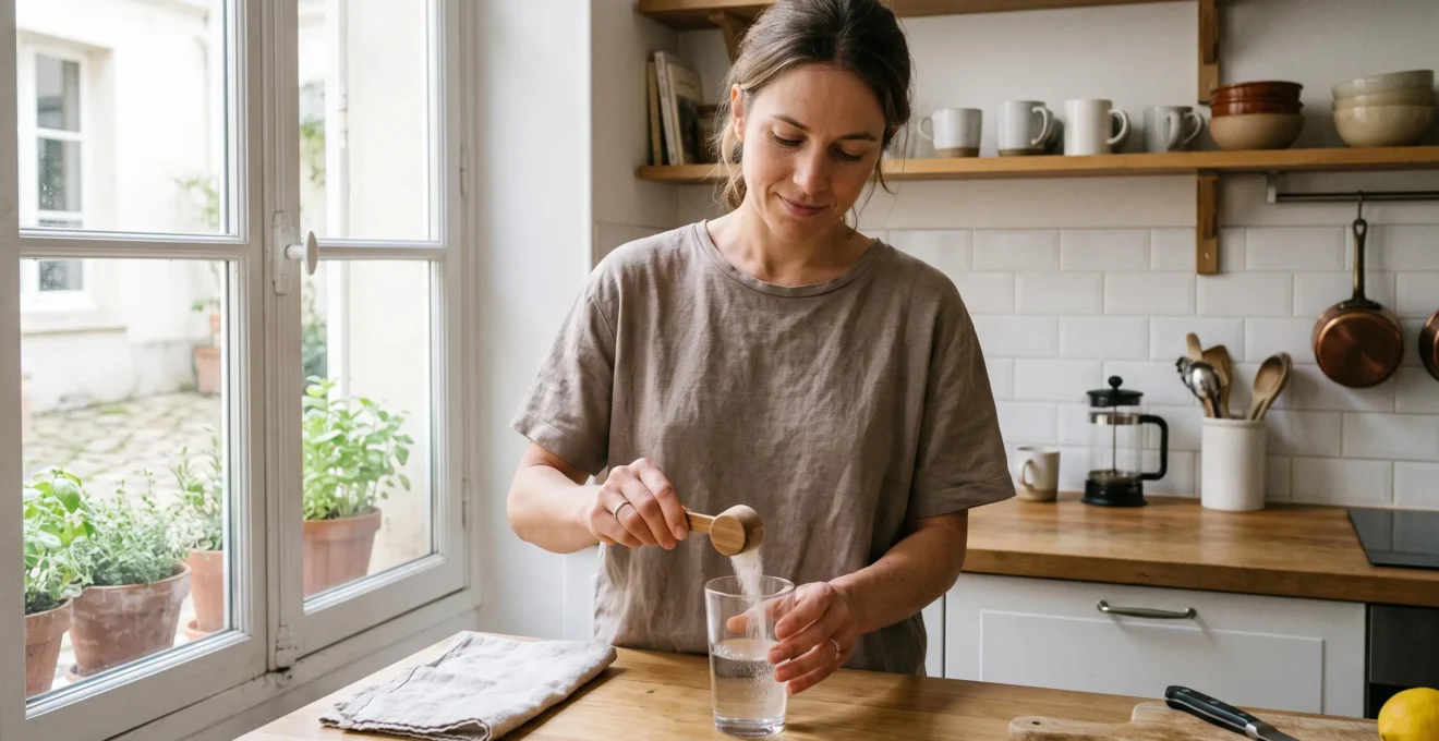 Person preparing collagen powder supplement in a glass of water on a kitchen counter during morning routine.