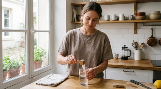 Person preparing collagen powder supplement in a glass of water on a kitchen counter during morning routine.