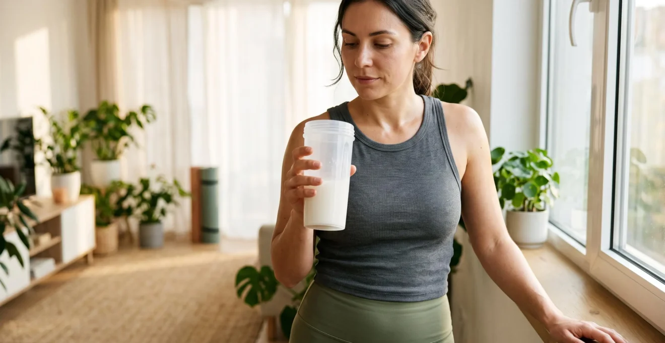 Person holding a transparent shaker bottle with prepared collagène drink in a naturally-lit wellness setting.